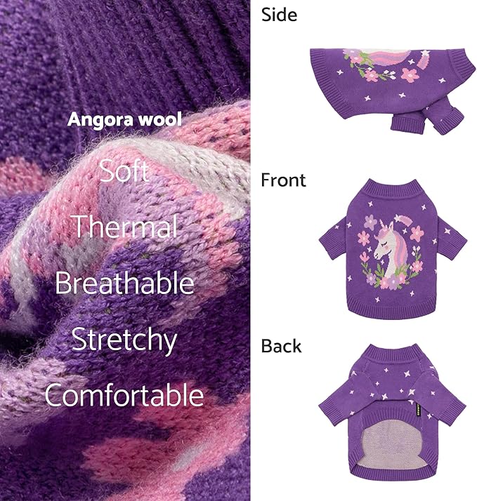 Fitwarm Adorable Unicorn Dog Sweater, Thermal Dog Winter Clothes for Small Dogs Girl, Pet Outfit, Purple, Pink, White, XL