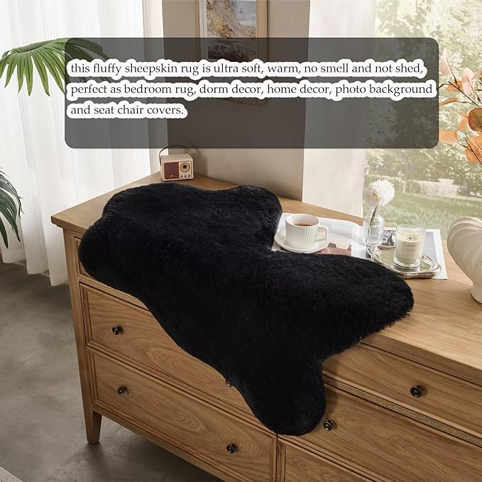 1700GSM Fuzzy Faux Sheepskin Fur Area Rug,Extra Soft Faux Fur Mat,Fluffy Shaggy Fur Rug for Bedroom Living Bedside Rug Room Decor-Black, 2 x 3 ft