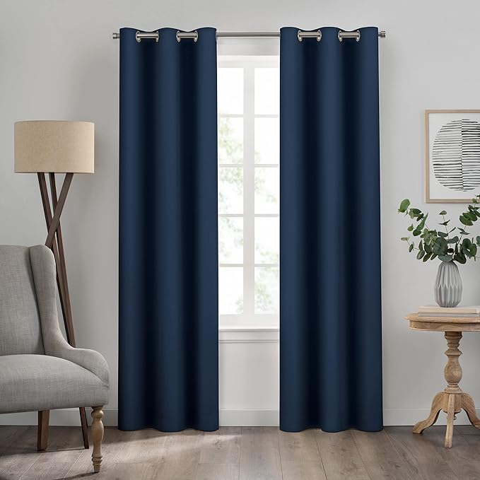 Eclipse Kendall Solid Textured Blackout Thermal Insulated Lining Grommet Window Curtain for Bedroom (1 Panel), 42 in x 63 in, Denim