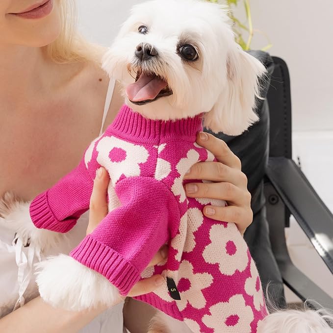 Fitwarm Floral Dog Sweater, Thermal Sweatshirt, Winter Clothes for Small Dogs Girl, Pullover Jumper, Pet Outfit, Hot Pink, White, XS