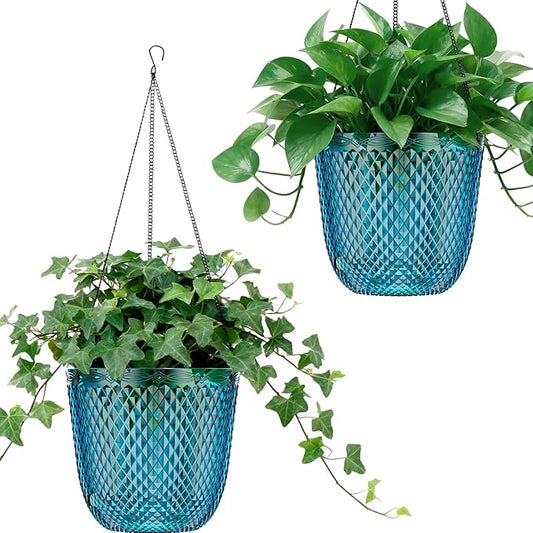 QCQHDU Self Watering Hanging Pots, 2 Pack 7.2 Inch Hanging Planters for Plants Indoor, Outdoor Flower Pots with Drainage Holes and 3 Hooks Chains for Garden Home (Klein Blue)