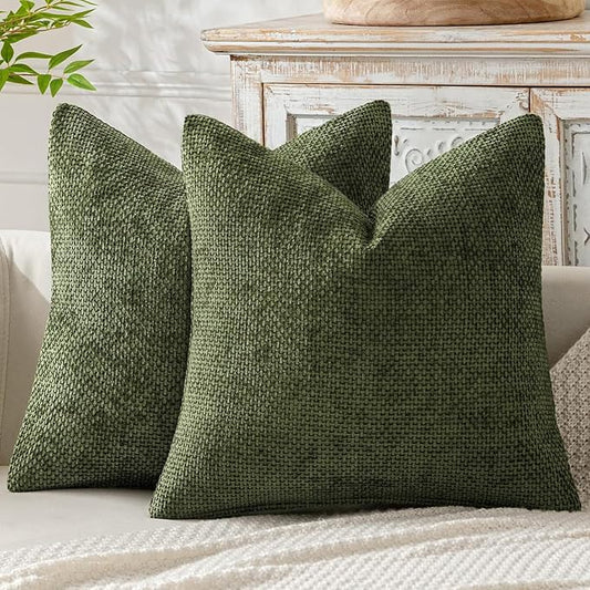 MIULEE Pack of 2 Couch Throw Pillow Covers 18x18 Inch Olive Green Modern Boho Accent Decorative Pillow Covers Soft Chenille Farmhouse Cushion Covers for Home Decor Bed Sofa Living Room