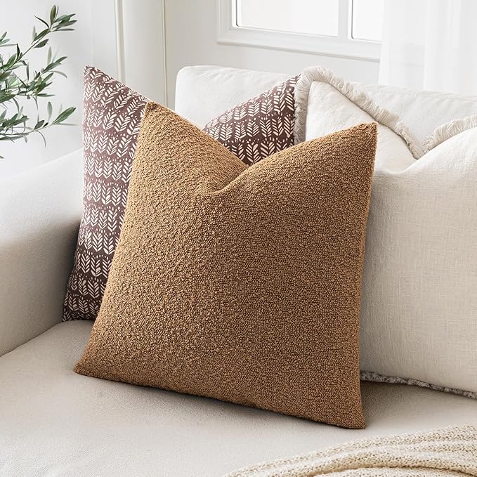 MIULEE 26x26 Decorative Euro Sham Throw Pillows for Bed Set of 2 Textured Boucle Neutral Winter Throw Pillow Covers Brown Accent Solid Vintage Pillowcases Sofa Livingroom Home Decor