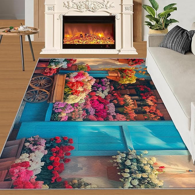 Pastoral Flowers 5x7 Area Rug Colorful Flower Shop Washable Rugs for Living Room Bedroom, Retro Wooden Door Soft Low Pile Non Slip Accent Floor Mat Print Throw Rug Indoor Carpet Dining Room Playroom