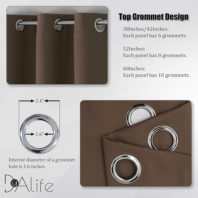 DUALIFE Chocolate Brown Thermal Blackout Curtains for Bedroom -Dark Brown Cafe Curtains 42 x 63 Inches Long Room Darkening Widow Drapes for Living Room 2 Panels, Grommet Top