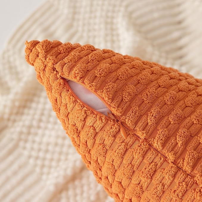 Kevin Textile Fall Pack of 2 Corduroy Decorative Throw Pillow Covers 16x16 Inch Soft Boho Striped Pillow Covers Modern Farmhouse Home Decor for Spring Sofa Living Room Couch Bed Orange