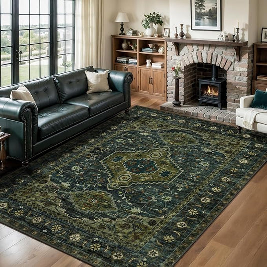 Tangsoo Green 5x7 Washable Rugs for Living Room, Vintage Non Slip Indoor Room Rug, Oriental Print Distressed Large Rugs Carpet Soft Low Pile Floor Rug for Dining Room Bedroom Dorm Olive Green