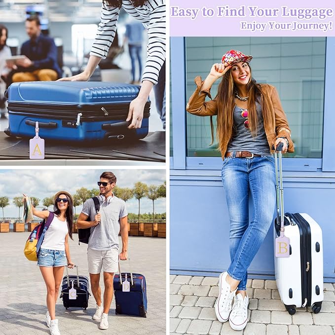 Personalized Initial Luggage Tags for Suitcase, Purple Leather Cute Luggage Tags with Privacy Cover Name Card, Embroidered Custom Monogrammed Luggage Tag Travel Backpack Tags Gifts for Women Kids(N)