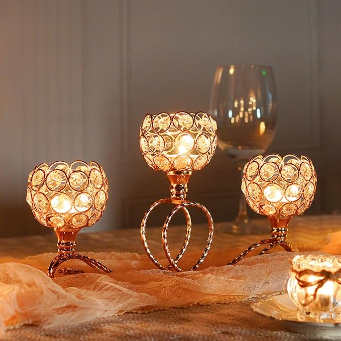 Gold 2 Pcs-3Arm Metal Crystal Tea Light Candle Holder, Elegant Wedding Table Centerpiece Candle Holder, Christmas Wishing Crystal Bowl Candle Holder Suitable for Wedding Party Living Room Decoration