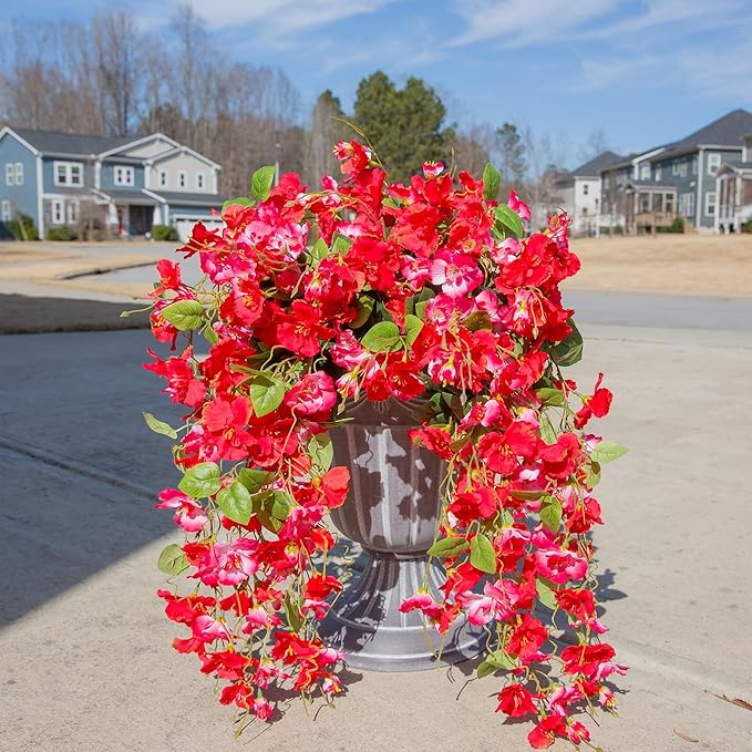 Fake Hibiscus Artificial Hanging Flowers Plants for Outdoors Spring Decoration, 2pcs Silk Hibiscus Vines Realistic UV Resistant Pink Faux Flowers for Outside Planter Porch Patio Yard Wedding Party Urn