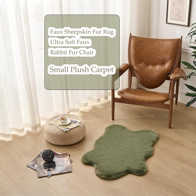 1700GSM Fuzzy Faux Sheepskin Fur Area Rug,Extra Soft Faux Fur Mat,Fluffy Shaggy Fur Rug for Bedroom Living Bedside Rug Room Decor-Sage Green, 2 x3 ft