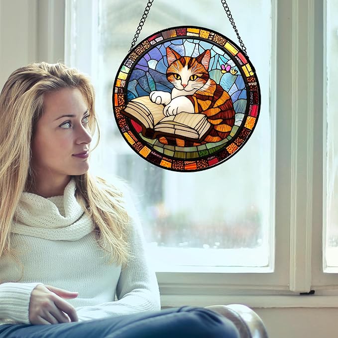 Stained Glass Window Hanging Little Cat Reading 6.3" - Suncatcher Door Garden Kitchen Sunroom Sun Catcher Home Decor Birthday for Lost Pets Mom Grandma Men Woman Friend