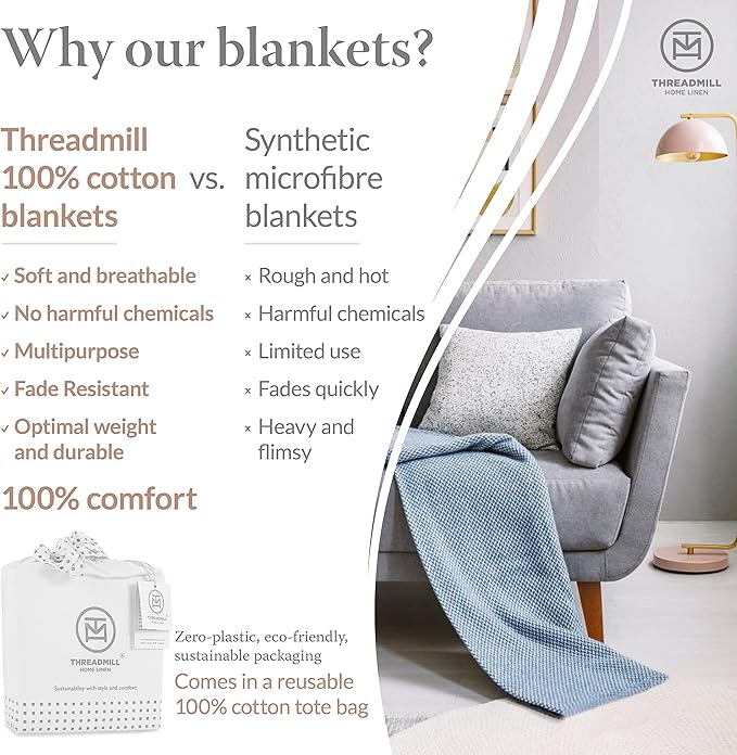 Threadmill Vanilla Cream 100% Combed Cotton King Size Blanket, All-Season Soft Breathable Light Weight Herringbone Throw