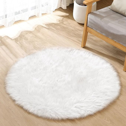 White Fluffy Faux Fur Rugs for Bedroom Sheepskin Machine Washable Shag Area Rugs for Living Room Small Circle Boho Round Rug 3ft