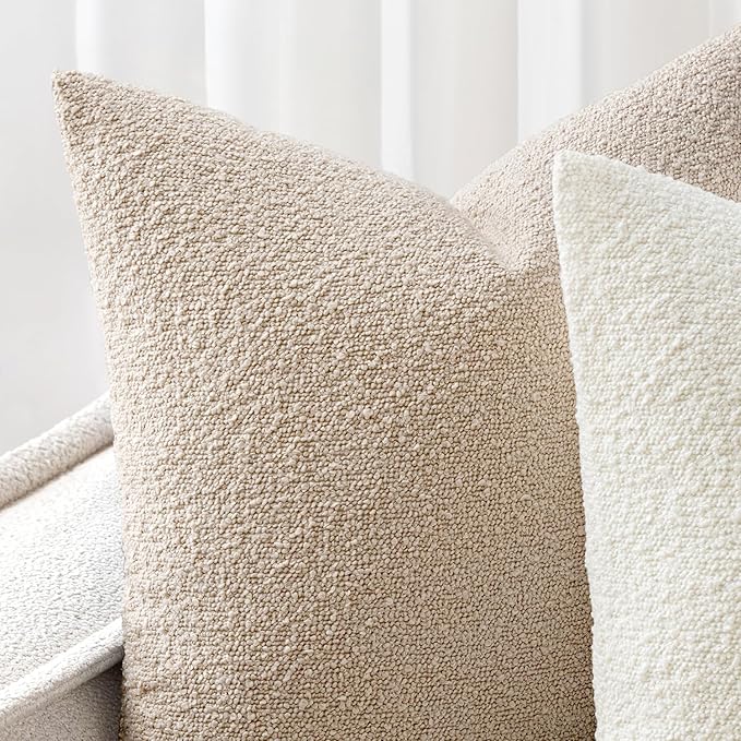 Woaboy Pack of 2 18x18 Inch Decorative Boucle Throw Pillow Covers Textured Square Pillowcaes Accent Solid Cozy Soft Cushion Covers Home Decor for Sofa Couch Living Room Home Decor,Neutral