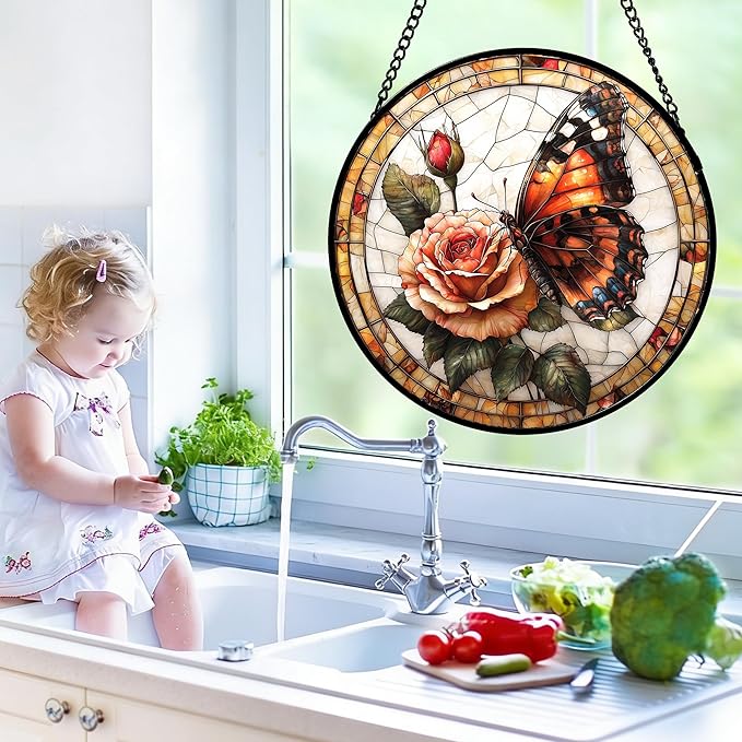 DASTOLL Stained Glass Window Hanging, Butterfly Picking Flowers Suncatcher for Doors Home Sun Catchers Decoration and Christmas, Mother's Day Birthday Gifts for Women, Men, and Mom 14.9x14.9 in