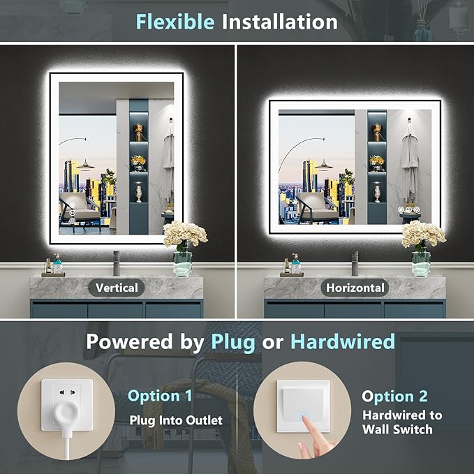 24x30 Black Framed LED Bathroom Mirror with Lights, Backlit + Front Lit, Anti-Fog Lighted Vanity Mirror for Bathroom Wall with 3 Colors, Dimmable, Memory, Tempered Glass, Horizontal/Vertical