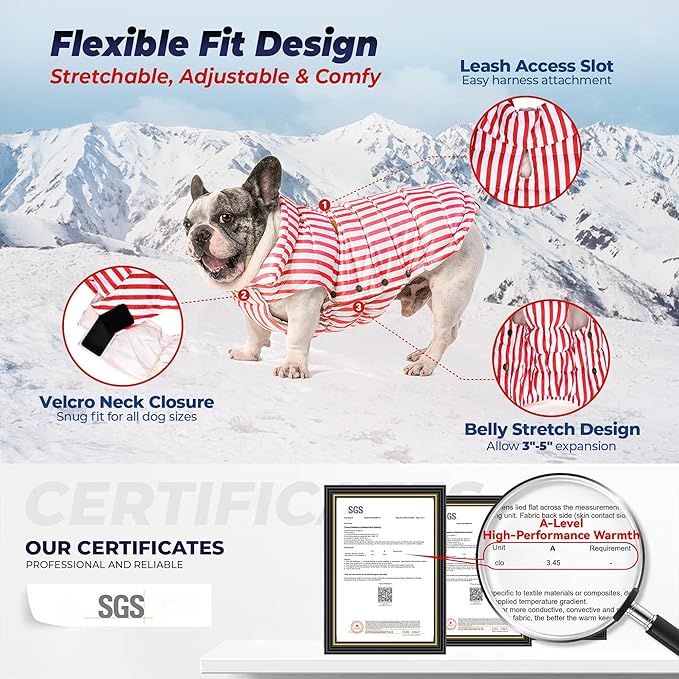 SPACE LION Dog Puffer Jacket, Down Winter Coat, Durable Outdoor Coat for Cold and Windy Conditions, Lightweight & Adjustable Fit Coats for Medium & Large Dogs,(RedStripe, Size18/L+)