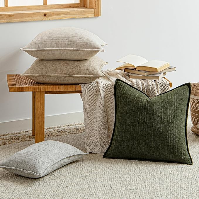 a moment Linen Pillow Covers Set of 2,Boho Farmhouse Throw Pillowcases Neutral Textured Decorative Covers for Couch Sofa,Linen Blend Accent Case Cushion Living Room Home Decor 20"x12"Dark Green