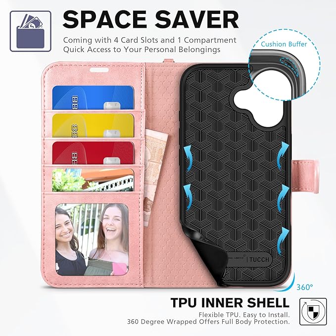 TUCCH Wallet Case for iPhone 17 (6.3") 2025, Wrist Strap | 4 Card Slots | RFID Blocking | Stand | Shockproof TPU Shell | PU Leather | Magnetic | Protective Flip Cover | Rose Gold