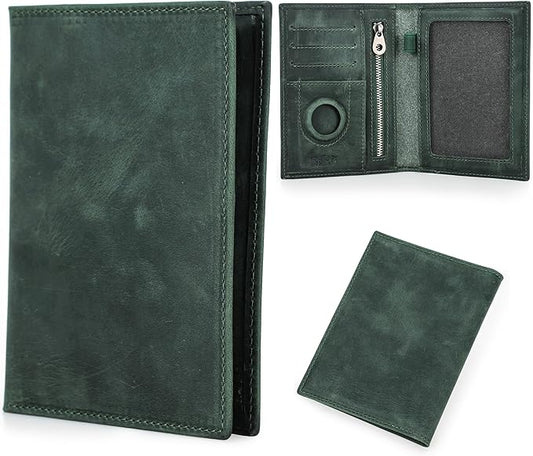 Top Grain Leather Single Travel Passport Wallet Holder for Man & Woman, Folio Design for Passport & Multi Cards, RFID Blocking Large Capacity for Passport/Cards/Checks/Bills/AirTag, Green