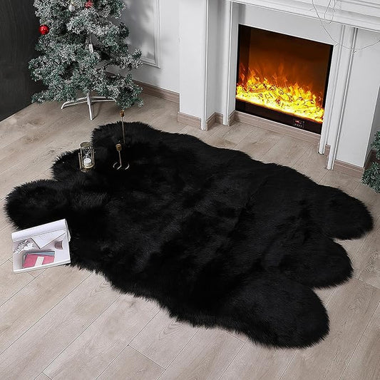 Faux Fur Rug Sheepskin Shag Fluffy Fuzzy Black 4x6 ft Rugs for Bedroom Bedside Bed Floor Living Room Plush High-Density Cushion Carpet Super Sofa Cover