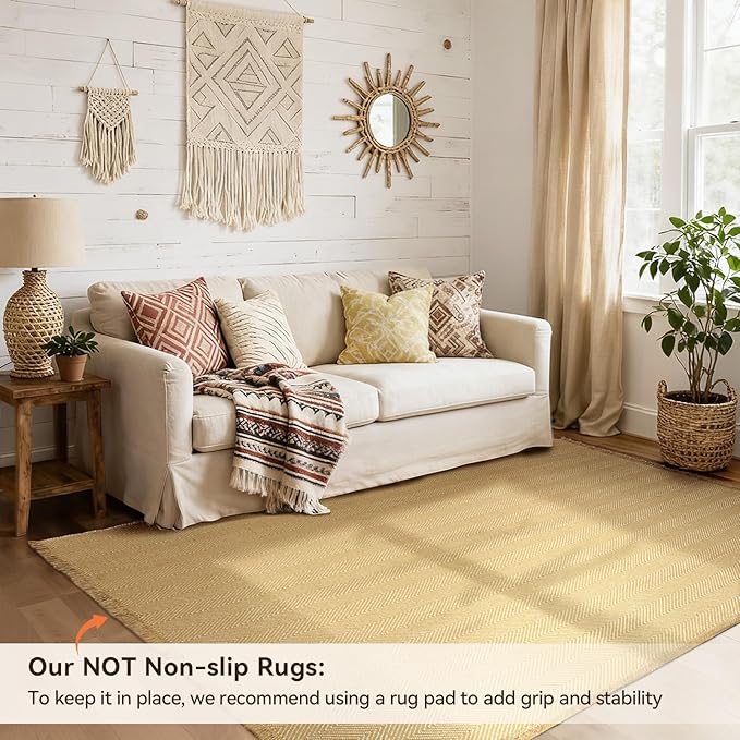 BESTSWEETIE 5x7 Washable Rug Hand-Woven Low Pile Soft Modern Farmhouse Bohemian Decor Reversible Braided Rugs with Tassels Throw Carpet for Living Room Bedroom Entryway Bathroom, Natural Jute