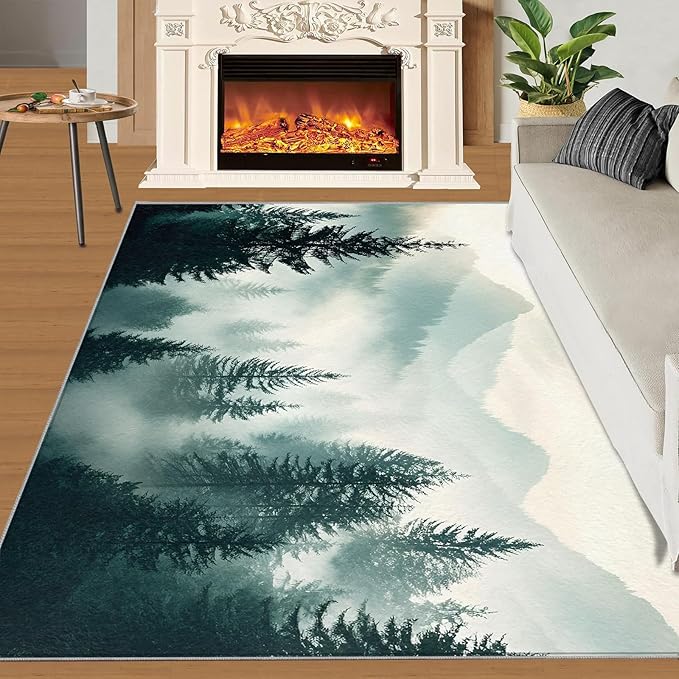 Misty Forest 5x8 Area Rug Natural Landscape Washable Rugs for Living Room Bedroom, Green Woods Soft Low Pile Non Slip Accent Floor Mat Print Throw Rug Indoor Carpet Dining Room Playroom