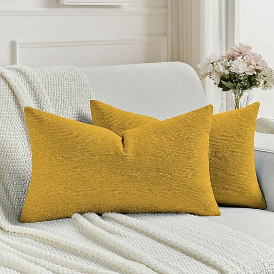 FUTEI Mustard Yellow Chenille Decorative Throw Pillow Covers 12x20 Inch Set of 2,Soft Cozy Faux Linen Textured Lumbar Pillow Cases,Farmhouse Home Decor for Couch Living Room