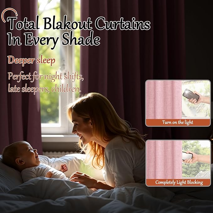 Baby Pink Linen Blackout Curtains for Nursery 63 Inch Length 2 Panels Set, Thermal Insulated Boho Total Black Out Noise Reducing Bonzer Grommets Window Curtains for Girls Bedroom, Each 60 Inch Wide