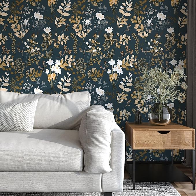 Navy Floral Wallpaper Peel and Stick Boho Wallpaper Vintage Blue/Gold Leaf Contact Paper Waterproof Self Adhesive Modern Wall Paper for Cabinet Walls Kitchen 17.5in x393in