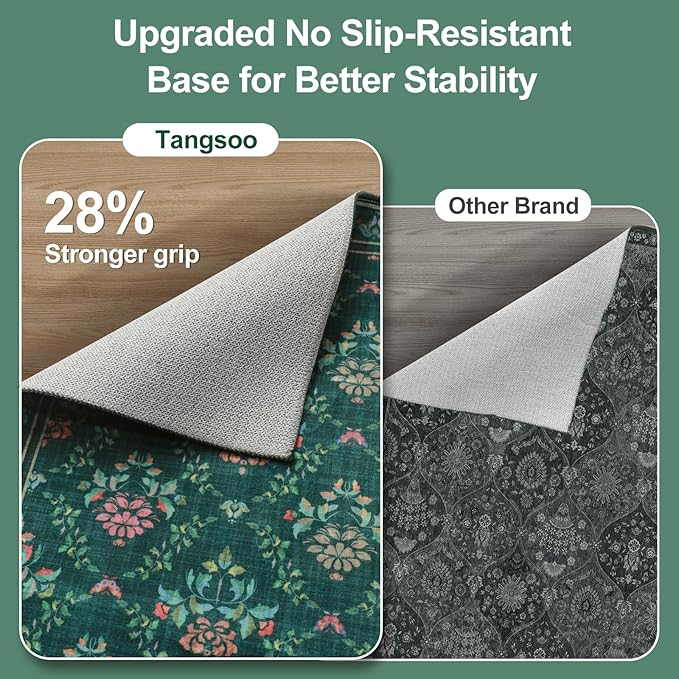 Tangsoo 2x6 Washable Runner Rug for Hallways, Non Slip Green Floral Carpet Runner, Soft Low Pile Floor Carpet Runner for Kitchen, Laundry, Bedroom, Bathroom, Living Room Home Decor