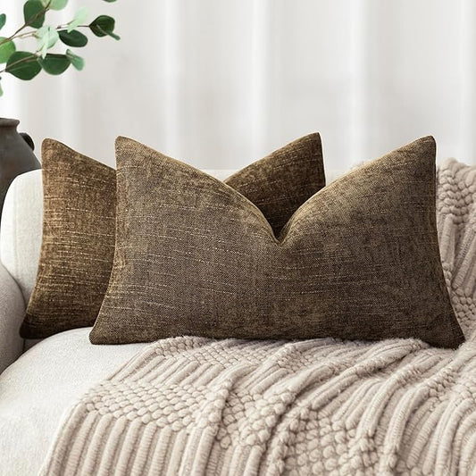 Foindtower Pack of 2 Textured Chenille Throw Decorative Pillow Covers Square Accent Solid Cushion Cover Neutral Farmhouse Lumbar Pillow Case for Couch Sofa Bedroom Living Room 12x24 Inch,Taupe Brown