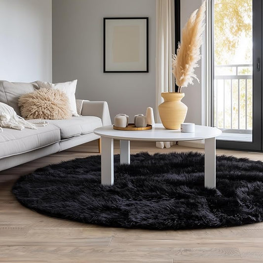 Super Area Rugs Ultra Soft & Fluffy Faux Sheepskin Rug, Black 5 X 5 Round Carpet for Bedroom Living Room