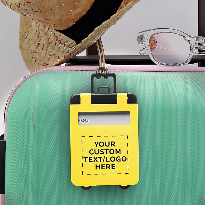 100 Mini Carry-on Luggage Tags Pack - Customizable Text, Logo - Flip Open Cover, ID Sticker - Yellow