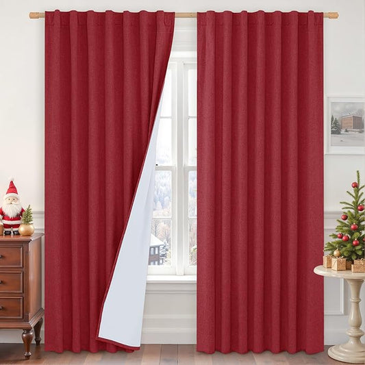 LAMIT Red 100% Blackout Linen Curtains, 84 Inch Linen Textured Living Room Christmas Decor Panels Room Darkening Back Tab and Rod Pocket Burlap Neutral Drapes with White Liner, 2 Panels, 60 x 84 Inch