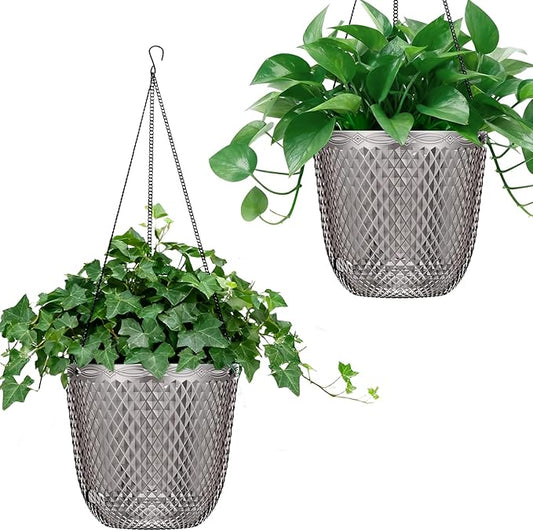 QCQHDU Self Watering Hanging Pots, 2 Pack 7.2 Inch Hanging Planters for Plants Indoor, Outdoor Flower Pots with Drainage Holes and 3 Hooks Chains for Garden Home (Gray)