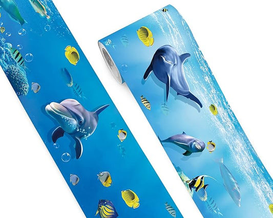 FLFK Peel and Stick Wallpaper Border Wall Decals for Kids Room - Under The Sea Fish Stickers Murals, 7" x 240" (Blue)