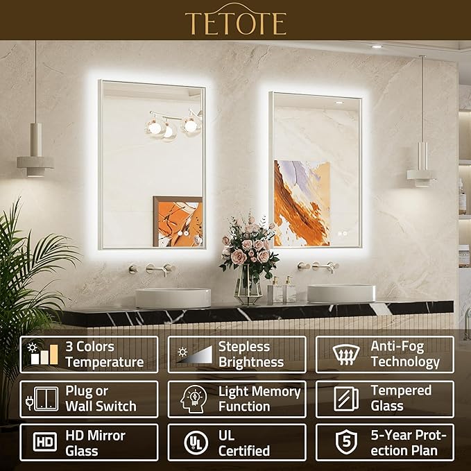 TETOTE 40 x 28 Backlit Mirror Brushed Nickel Metal Frame LED Light Vanity 3-Color White/Warm/Natural Stepless Dimmable Anti-Fog Backlight Mirror Wall-Mounted