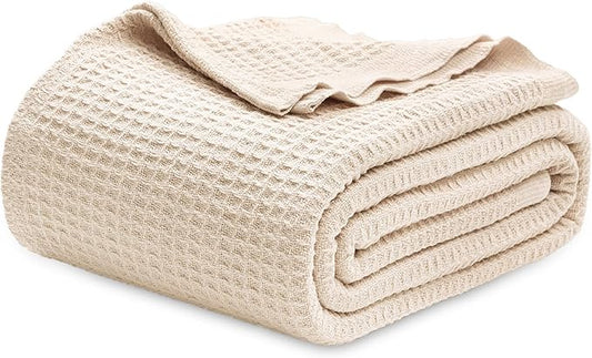 Bedsure Gentlesoft 100% Cotton Blanket Queen Size for Bed - Breathable and Soft, Thick Cozy Waffle Weave Christmas Blanket Gift for Women, Yellowish Cream, 90x90 Inches
