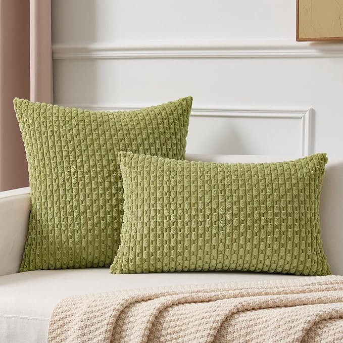 Kevin Textile Decorative Pillow Covers Set of 2 Striped Plush Corduroy Pillows Pillowcases Boho Home Decor Cushion Covers for Couch Sofa Bed Living Room 16x16 Inch, Grass Green