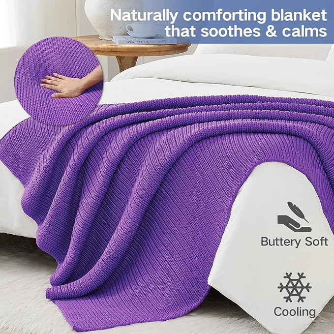 Guohaoi Knitted Weighted Blanket for Adults (Purple 50"x75" 12lbs) No Beads Cooling Throw Blanket for Hot Sleepers, Home Decor Breathable Chunky Knit Heavy Blanket Use on Full Size Bed