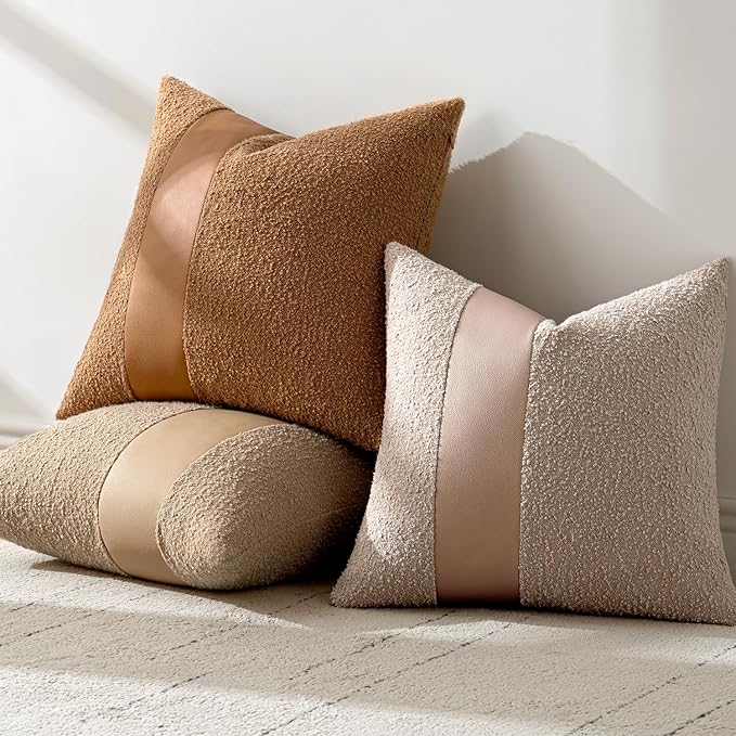 MIULEE Boucle Throw Pillow Covers 18x18 Inch Set of 2 Brown Faux Leather Textured Decorative Pillow Cases Boho Farmhouse Accents Cushion Covers for Couch Bed Livingroom Home Decor