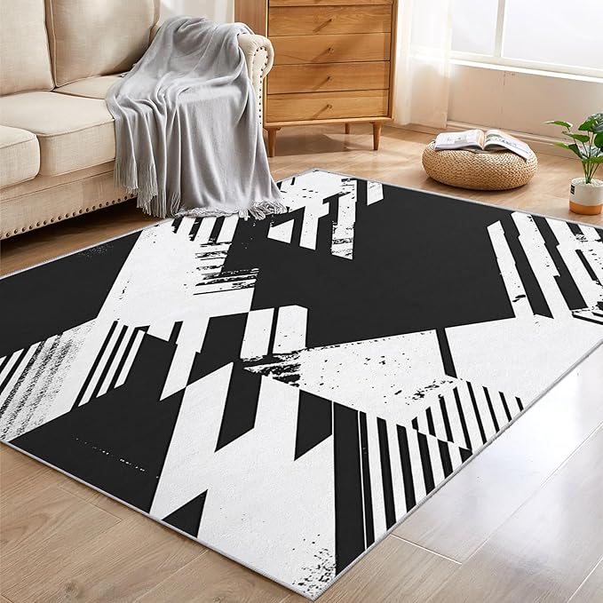 Black and White Rugs for Home Decor, 4x6 ft, Abstract Geometric Area Rugs for Living Room, Soft Non Slip Washable Modern Minimalist Carpet Bedroom Decorations Dt-Ghf-31