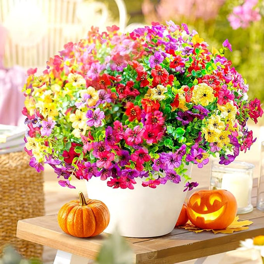 Artificial Flowers for Outdoors,Faux Flowers Daisy with Eucalyptus Leaves for Indoor Garden Home Decor,UV Resistant Artificial Flower Fake Plants for Porch, 12 Bundles (Mix Pink Red Purple Yellow)