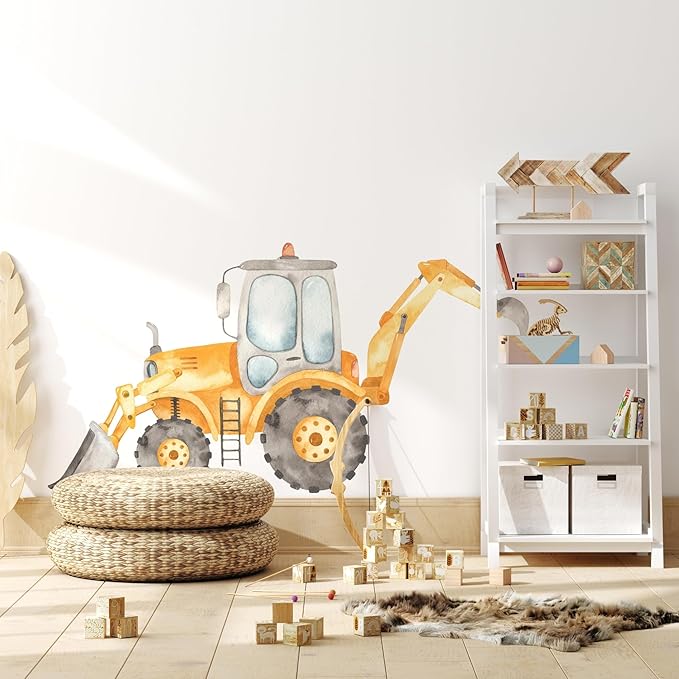 Construction Tractor Backhoe Loader Wall Decal for Boys Room, Construction Eqipment Peel Stick Removable Fabric Wall Sticker, Nursery or Playroom Decor, Repositionable (36 inch: 20" Tall x 36" Wide)