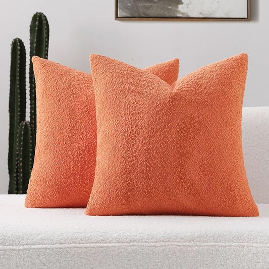 FUTEI Pack of 2 Orange Decorative Throw Pillow Covers 20x20 Inch Soft Cozy Solid Boucle Textured Cushion Case,Modern Home Decor for Couch Bed Living Room