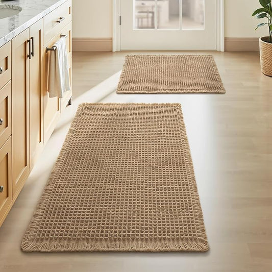 Upgraded Waffle Bath Mat Set of 2, Super Absorbent Non Slip Bath Mats for Bathroom Floor, Machine Washable Boho Bathroom Rugs Set 2 Piece with Tassels, Soft Bathroom Mat Set, 17" x 24" +18" x 30"