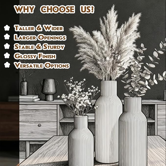 Glossy Ceramic Vase Set of 3, High-Gloss Ribbed Modern Flower Vases in Black, Green & Yellow, 5.9"/7.8"/9.8" Decorative Vases for Home Living Room Table Centerpiece