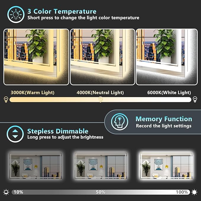 72x40 LED Bathroom Mirror with Lights, Backlit & Front Lit, Anti-Fog Frameless Lighted Vanity Mirrors for Bathroom Wall, Dimmable, 3-Color Light, Memory, Shatter-Proof, Tempered Glass, CRI＞90